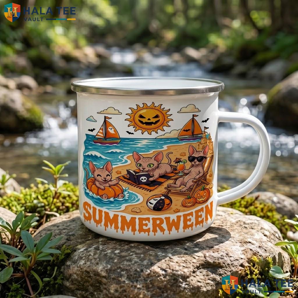 Spooky Sphynx Cat Summer Halloween Mug Tropical Beach Ceramic Coffee Accent Mug