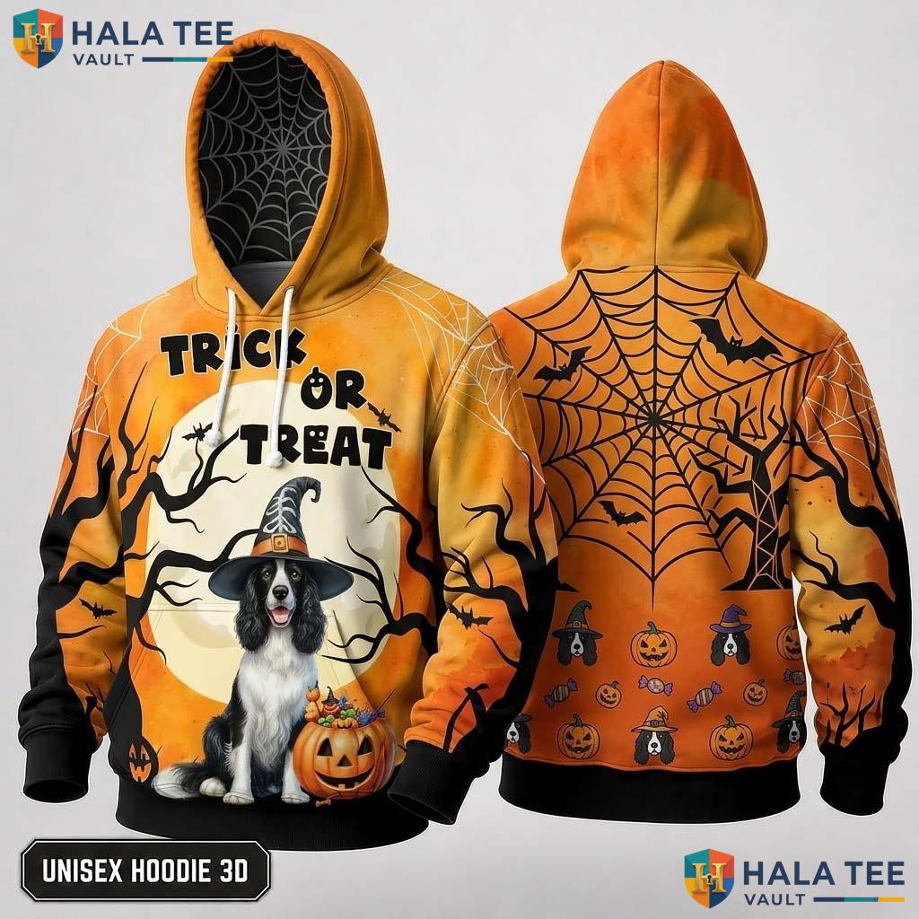 Springer Spaniel Witch Hat 3D Hoodie Cute Trick Or Treat Halloween Top