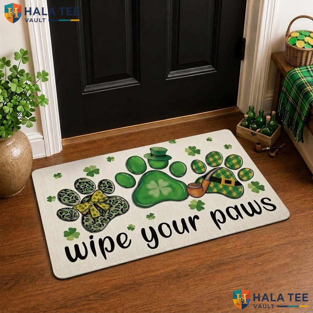 St Patricks Paw Print Front door mat, Festive Welcome Rug With Shamrock Design For Pet Lovers