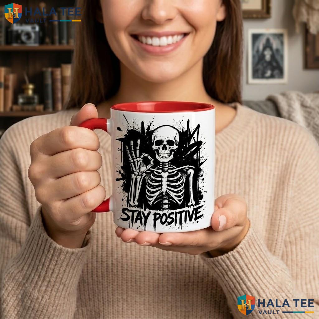Stay Positive Spooky Ceramic Mug Ghost Skeleton Bat Halloween Coffee Camping Mug