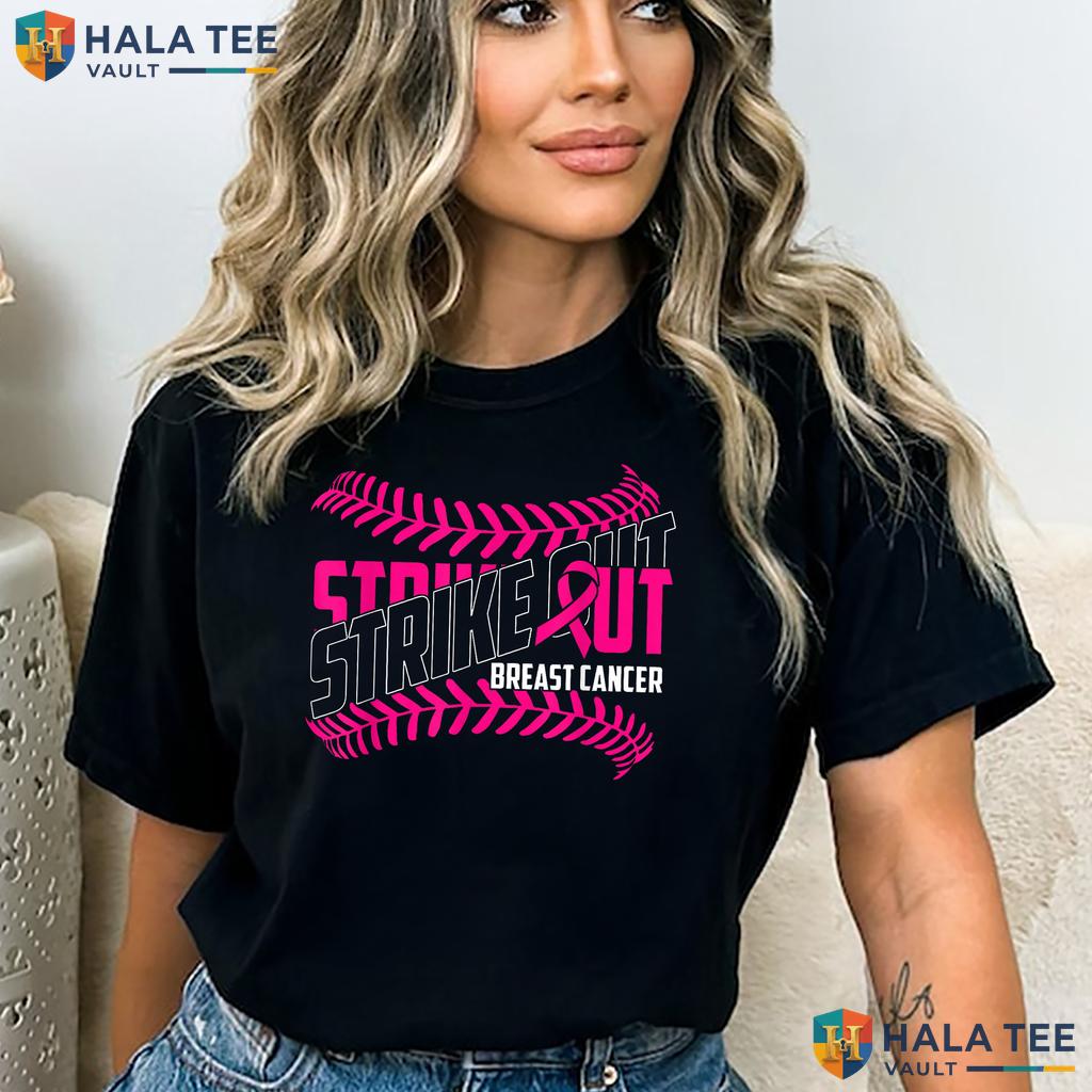 Strike Out Baseball Pink Shirt Breast Cancer Awareness Ribbon Top Adult