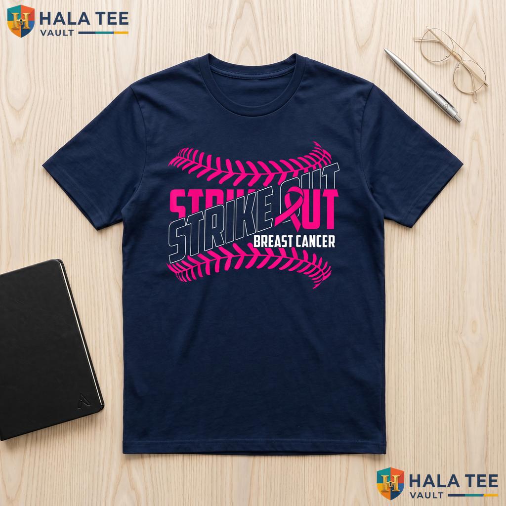 Strike Out Baseball Pink Shirt Breast Cancer Awareness Ribbon Top Adult