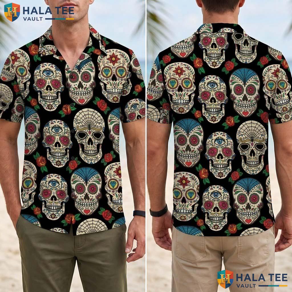 Sugar Skull Halloween Hawaiian Shirt Day Of Dead Aloha Button Up Top Adult