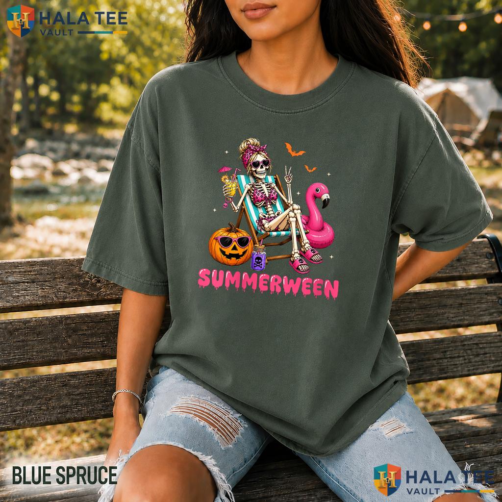 Summerween Flamingo Float Garment-Dyed T-Shirt Skeleton Beach Apparel Top