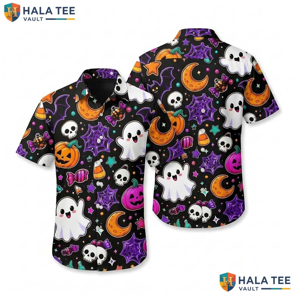 Summerween Pumpkin Halloween Hawaiian Shirt Cute Ghost Skeleton Top