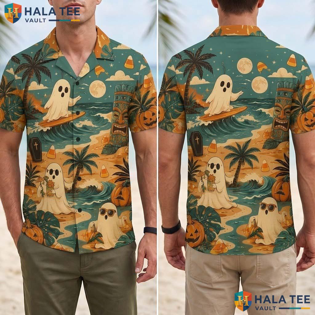 Surfing Ghost Halloween Hawaiian Shirt Tropical Pumpkin Aloha Top Adult
