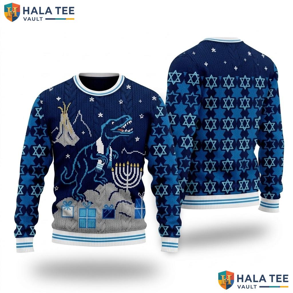 T Rex Dinosaur Yarmulke Ugly Sweater Blue Jewish Holidays Graphic Knit