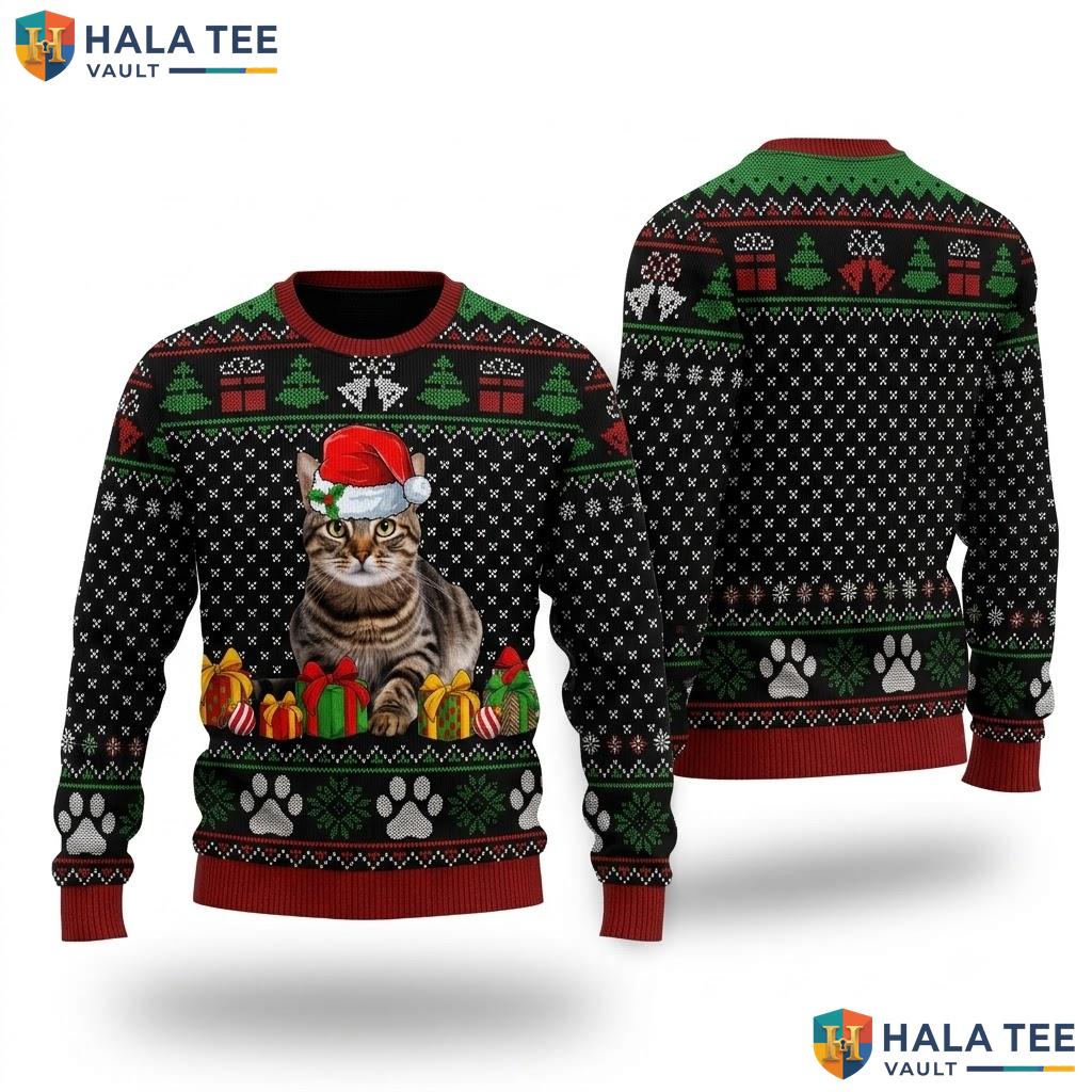 Tabby Cat Santa Hat Ugly Christmas Sweater Funny Xmas Pajamas Top