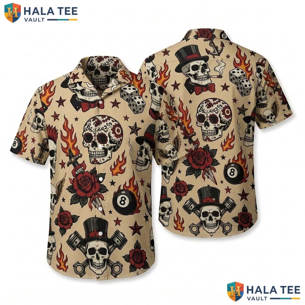 Tattoo Rockabilly Halloween Hawaiian Shirt Skull Punk Vintage Aloha