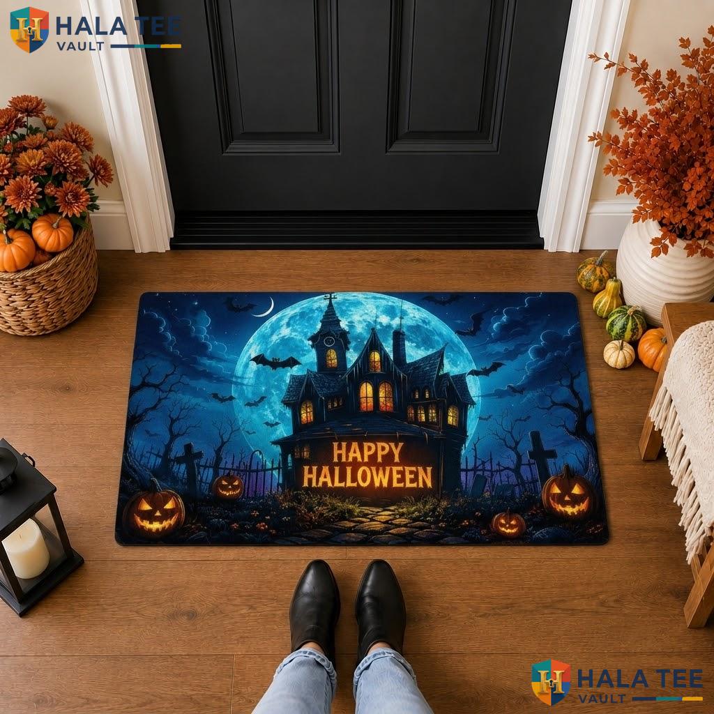 Teal Blue Halloween Front door mat Trick Or Treat Spooky Front Porch Entry Rug Top