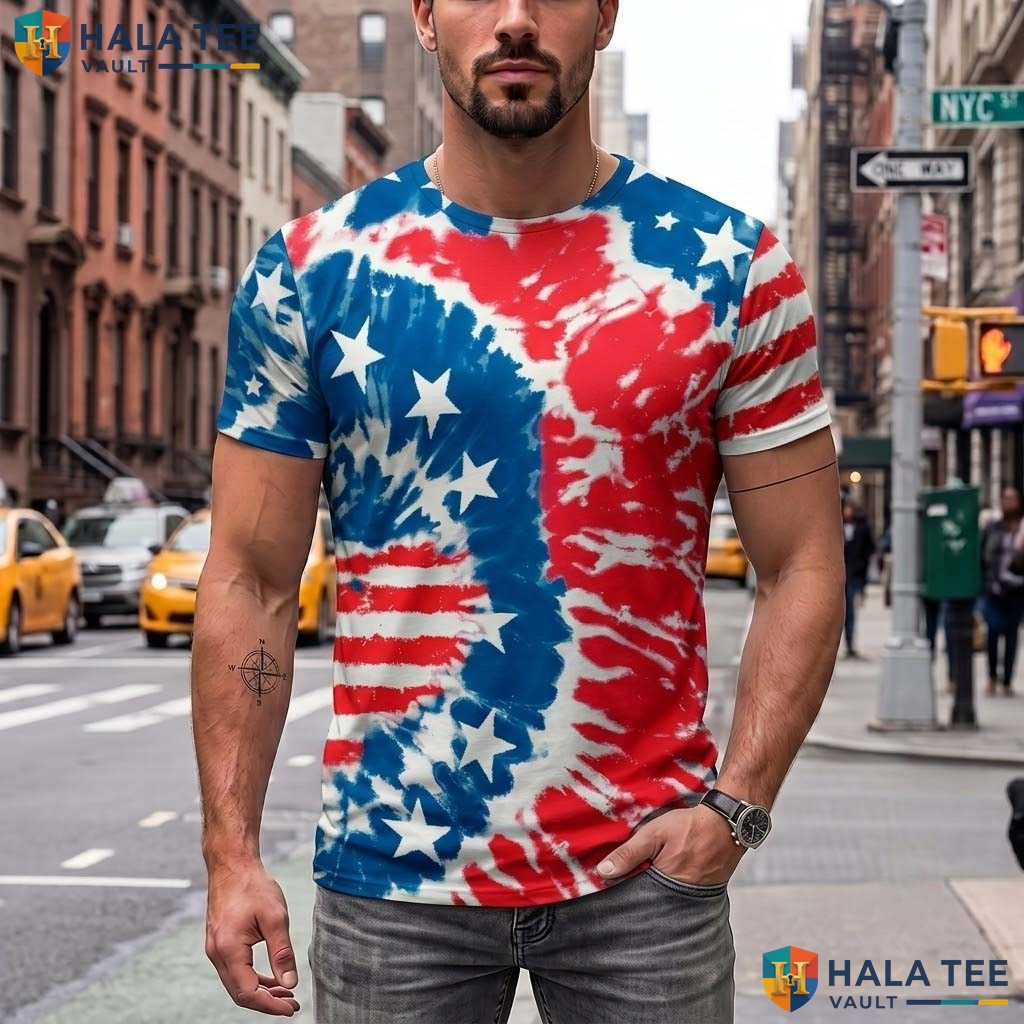 Tie Dye Patriotic AOP T-Shirt Womens Fourth Of July Holiday Outfit
