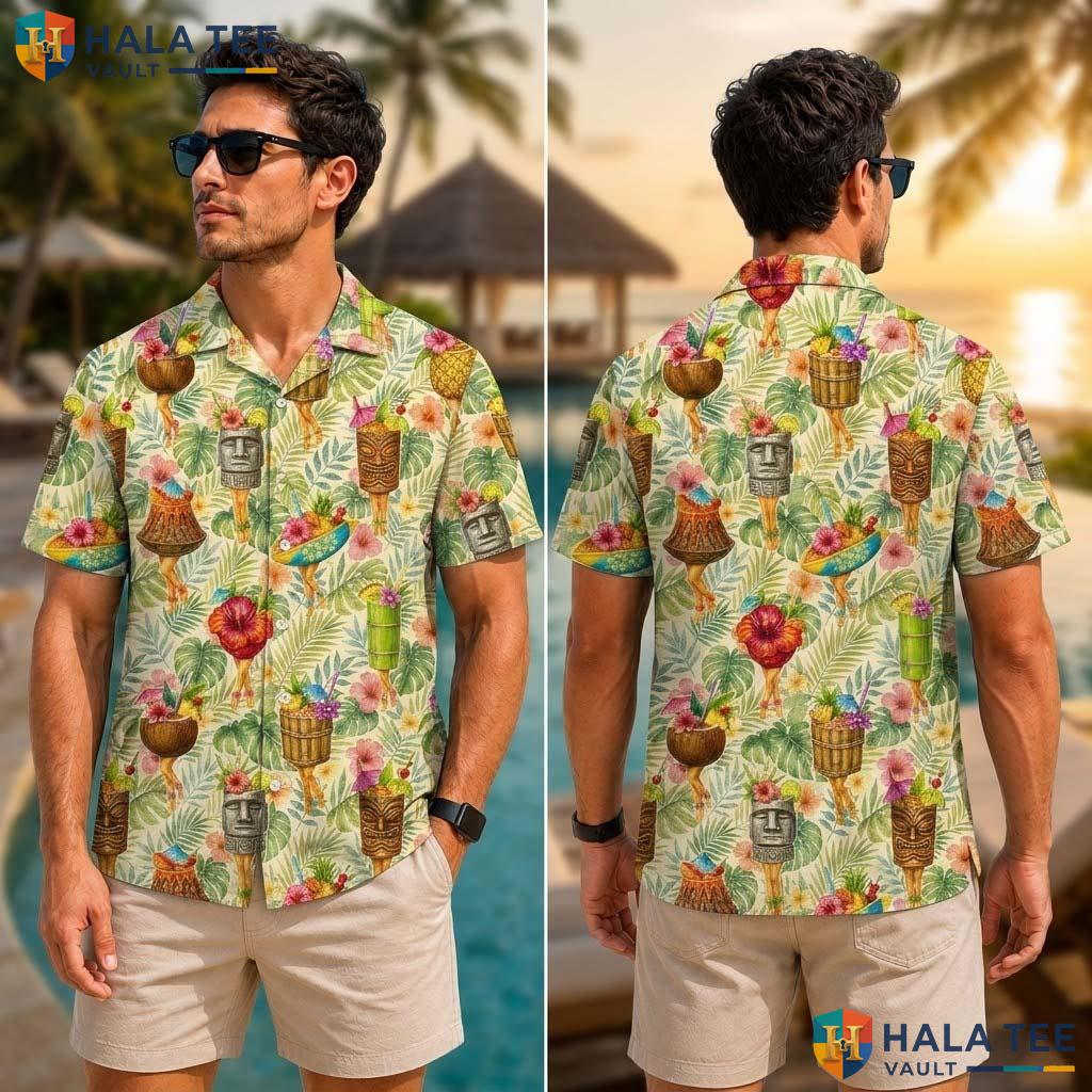 Tiki Drinks Graphic Farm Life Tropical Shirt Mens Aloha Vacation Top
