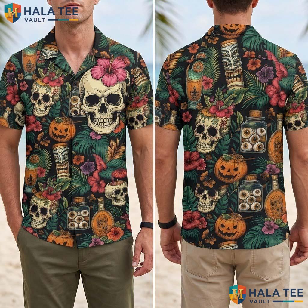 Tiki Skull Halloween Hawaiian Shirt Vintage Summerween Gothic Aloha Adult