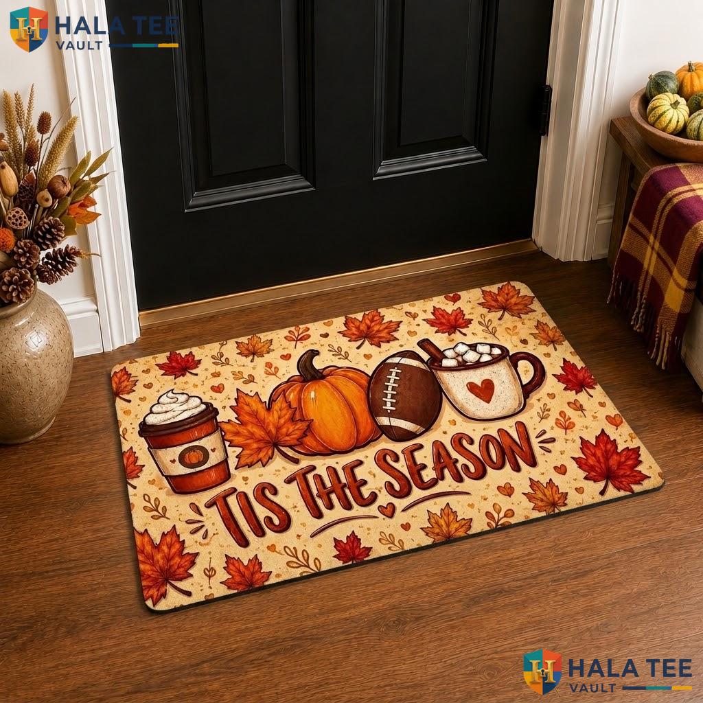 Tis The Season Halloween Front door mat Pumpkin Cat Faux Coir Fall Front Porch Rug