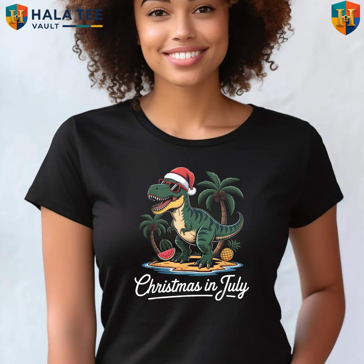 TRex Dinosaur Christmas July Tee Shirt Boys Toddler Summer Holiday Party Outfit