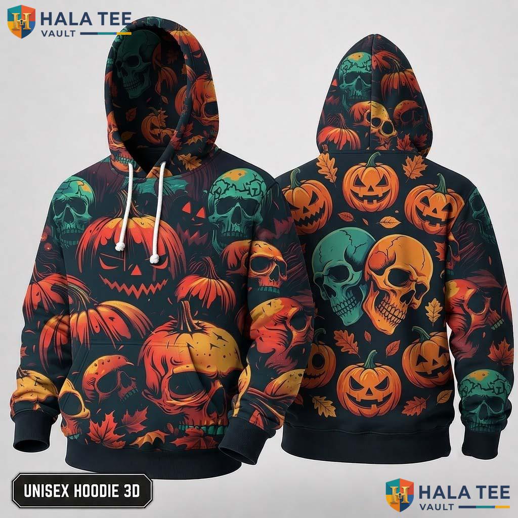 Trippy Floral Skull Pumpkin 3D Hoodie Spooky Graphic Halloween Apparel