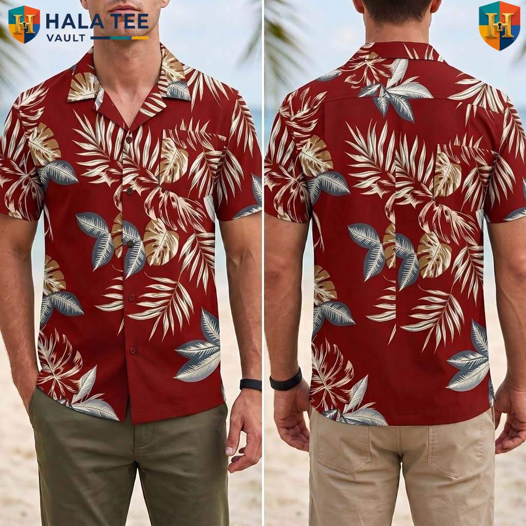 Tropical Leaf Red Tropical Shirt Mens Casual Summer Beach Button Down