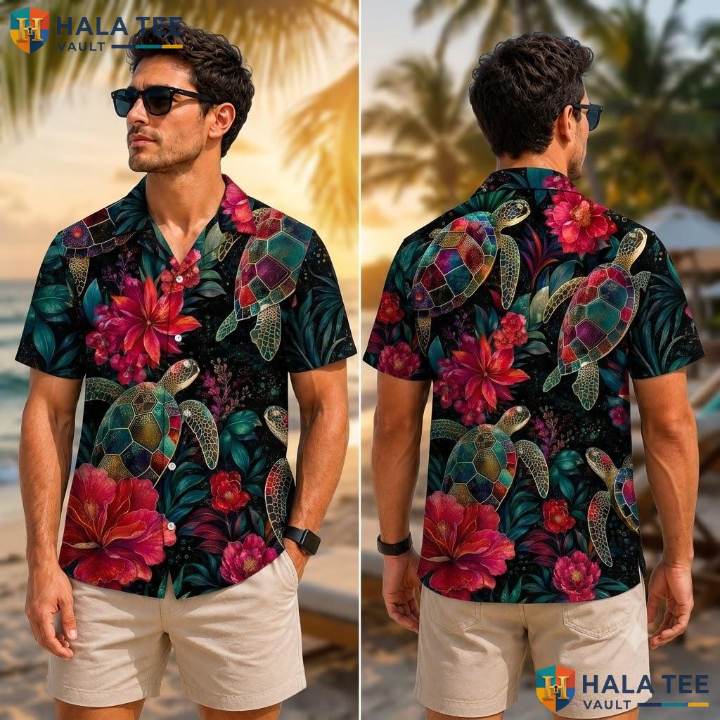 Tropical Sea Turtle Hawaiian Shirt Vibrant Colorful Flower Beach Wear Top Adult