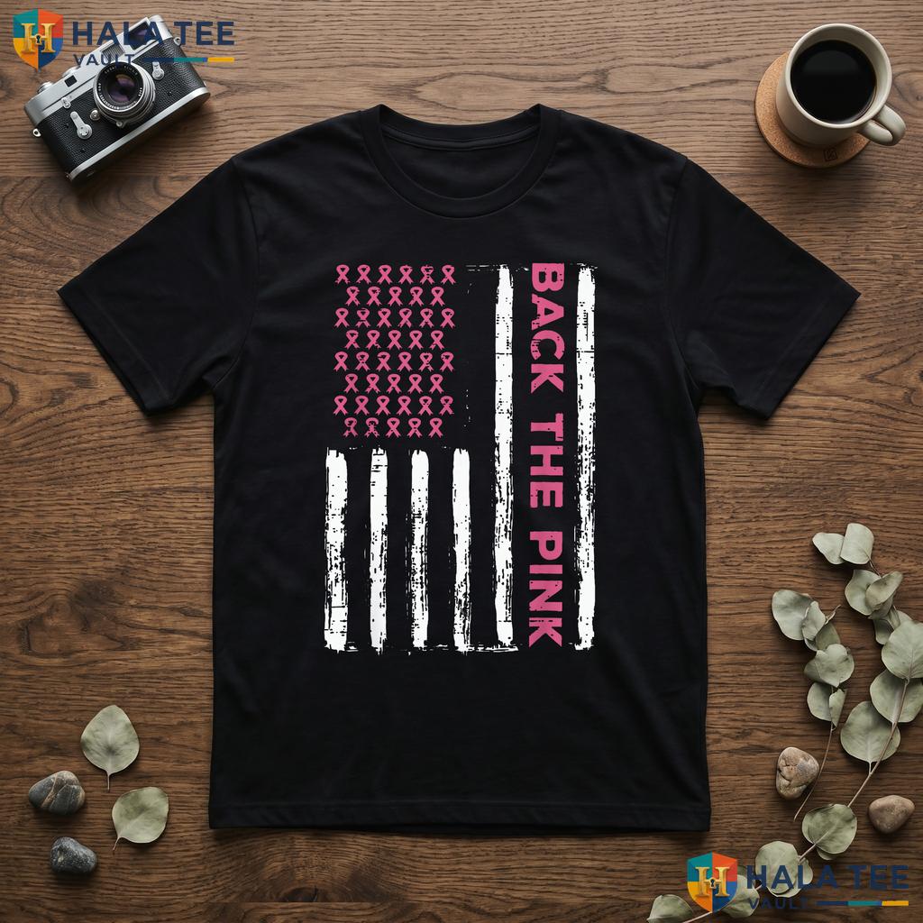 US Flag Awareness Mens T-Shirt Breast Cancer Back Pink Women Kids Adult