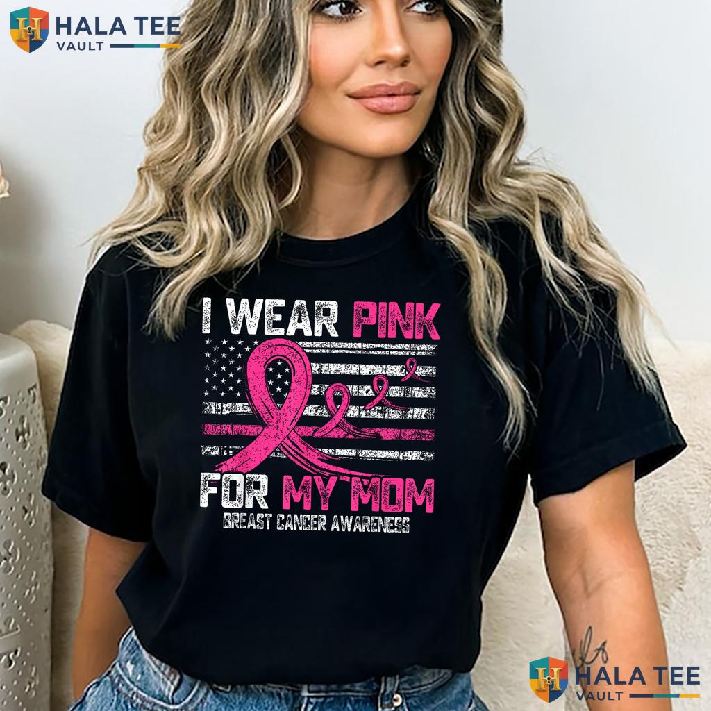 USA Flag Wear Pink Mom TShirt Breast Cancer Awareness Graphic Outfit Adult