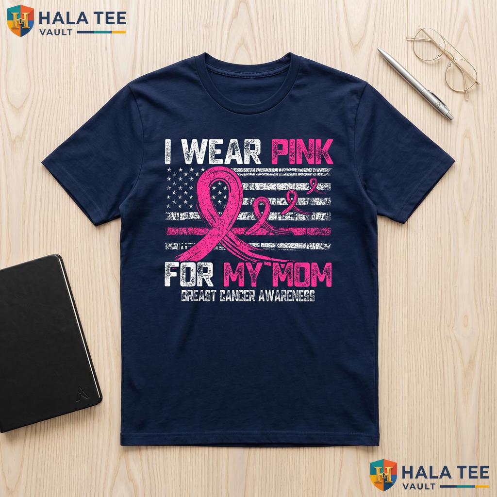 USA Flag Wear Pink Mom TShirt Breast Cancer Awareness Graphic Outfit Adult