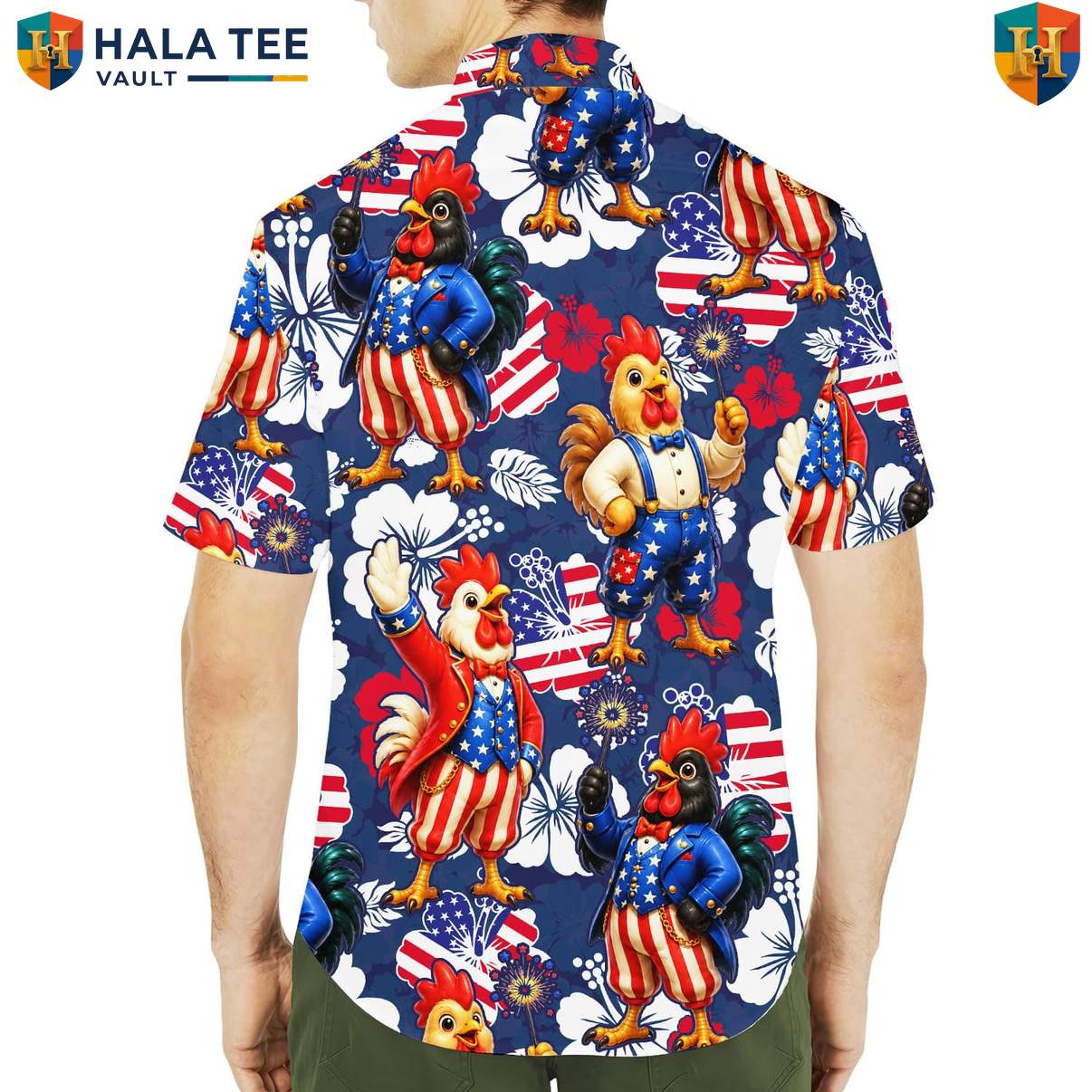 USA Patriotic Rooster Short-sleeve button-up shirt Mens Farm Country Weekend Camp Outfit Top