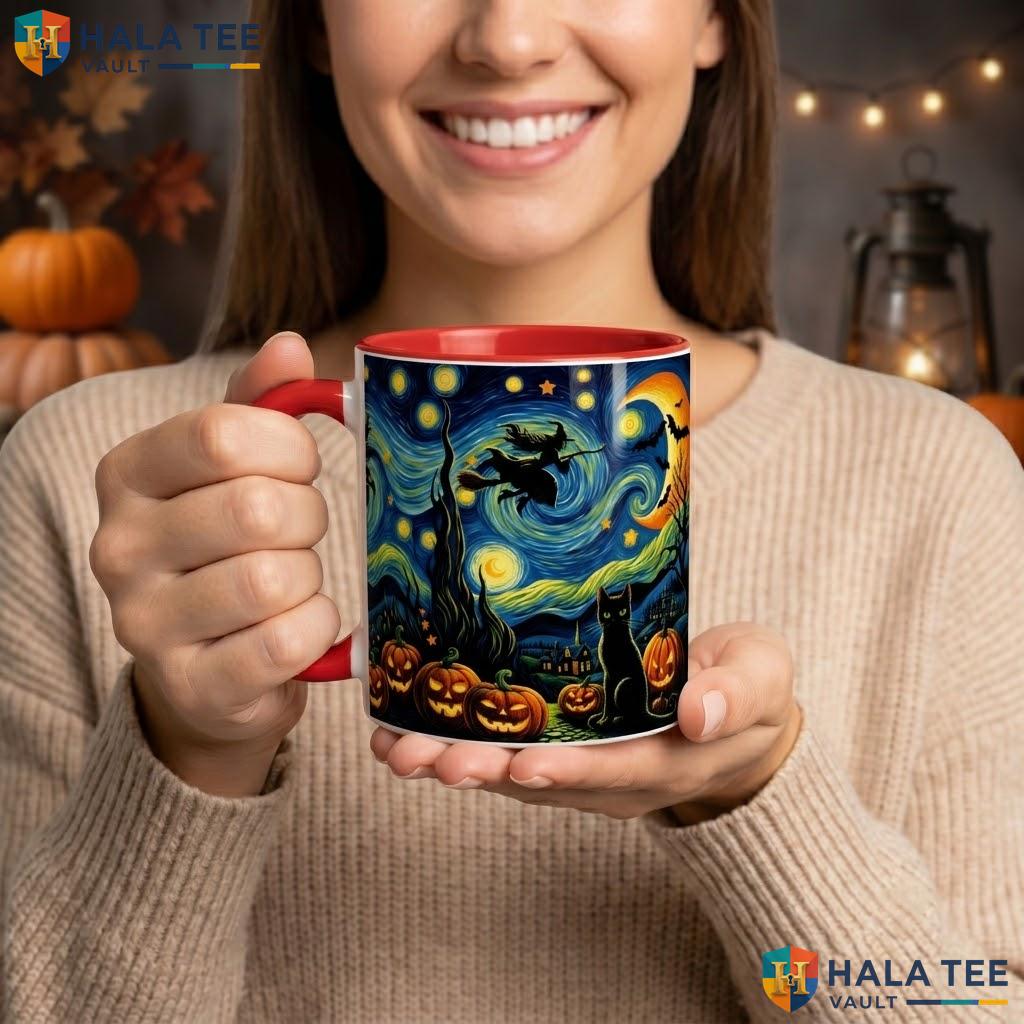Van Gogh Starry Night Witch Ceramic Mug Black Cat Pumpkin Halloween Camping Mug