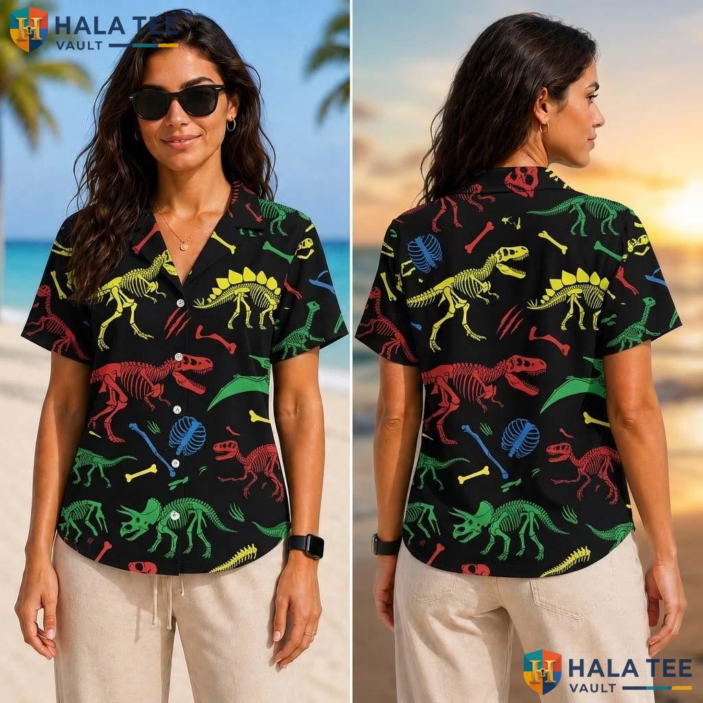 Vibrant Dinosaur Skeleton Tropical Shirt Colorful T Rex Stegosaurus Kids Top
