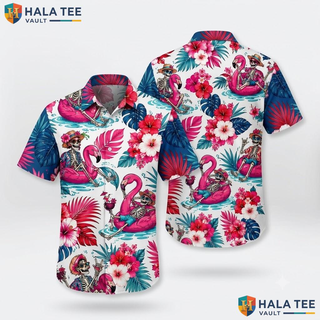 Vibrant Flamingo Skeleton Hawaiian Shirt Tropical Surf Short Sleeve Top