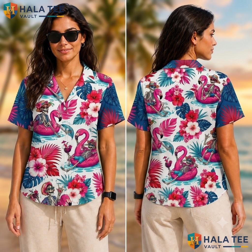 Vibrant Flamingo Skeleton Hawaiian Shirt Tropical Surf Short Sleeve Top Adult