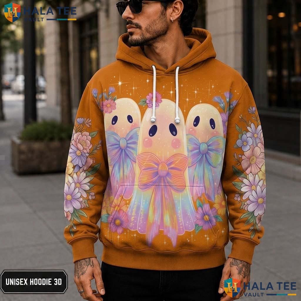Vibrant Orange Ghost Floral 3D Printed Hoodie Cute Playful Cartoon Sweatshirt