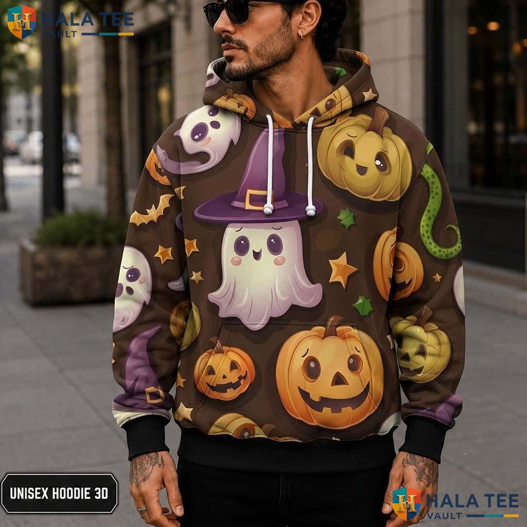 Vibrant Pumpkin Ghost 3D Printed Hoodie Playful Graphic Halloween Sweatshirt
