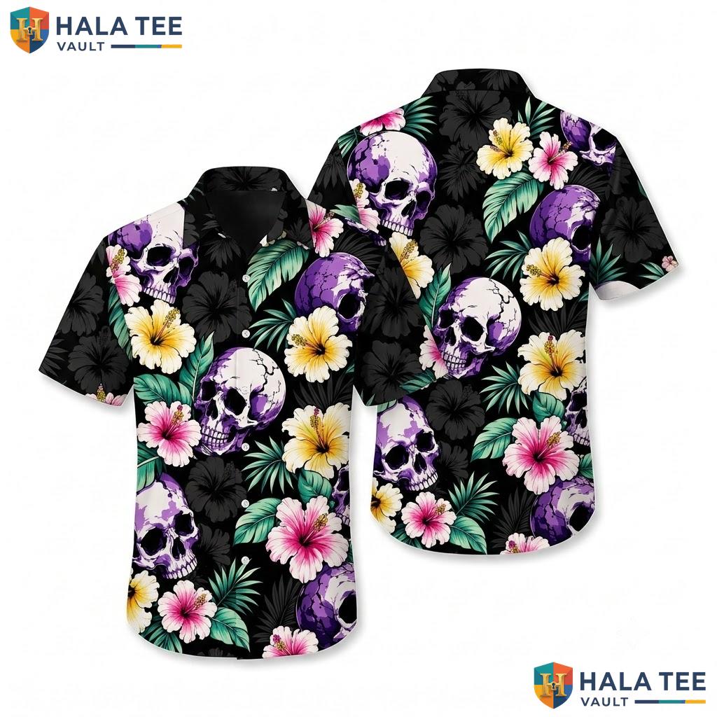 Vibrant Skull Tropical Hawaiian Shirt Purple Black Design Summer Apparel
