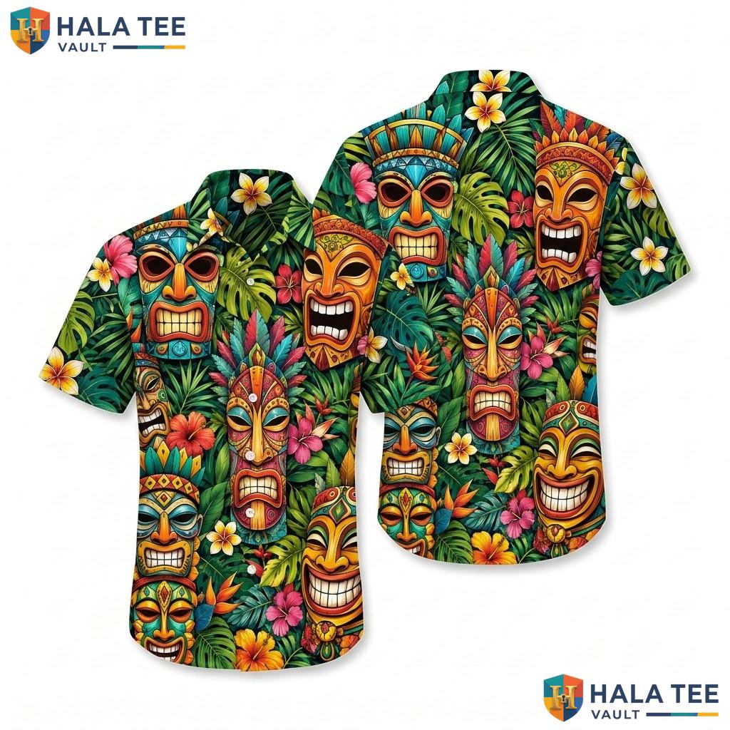 Vibrant Tiki Mask Hawaiian Shirt Funny Tropical Summer Party Button Down