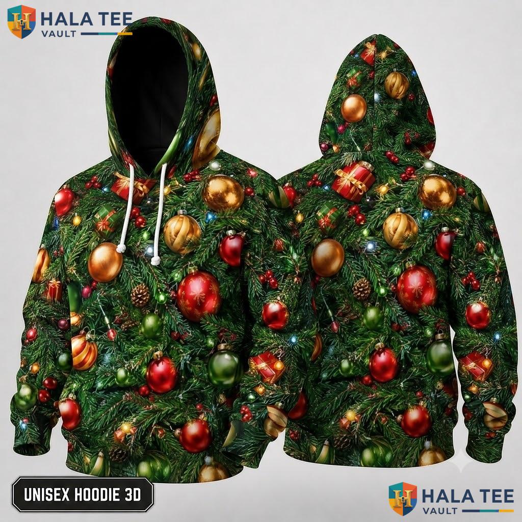 Vibrant Tree Ornaments Xmas 3D Hoodie Playful Green Holiday Top