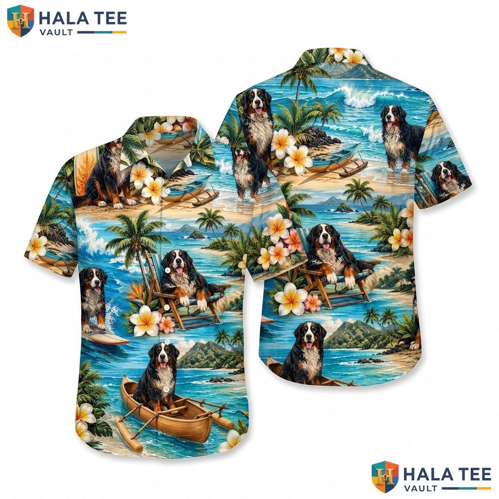 Vintage Bernese Mountain Aloha Shirt Tropical Dog Print Summer Beach Top