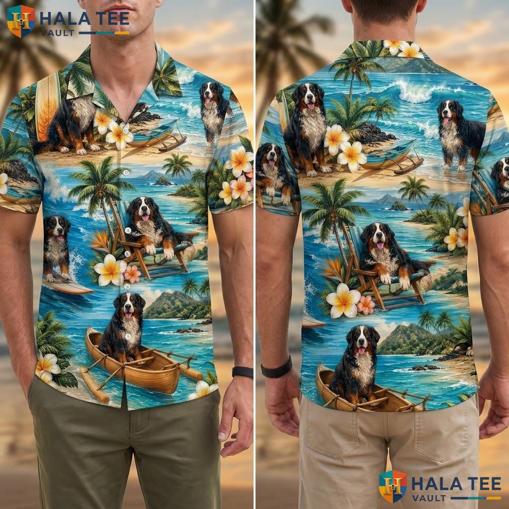 Vintage Bernese Mountain Aloha Shirt Tropical Dog Print Summer Beach Top Adult