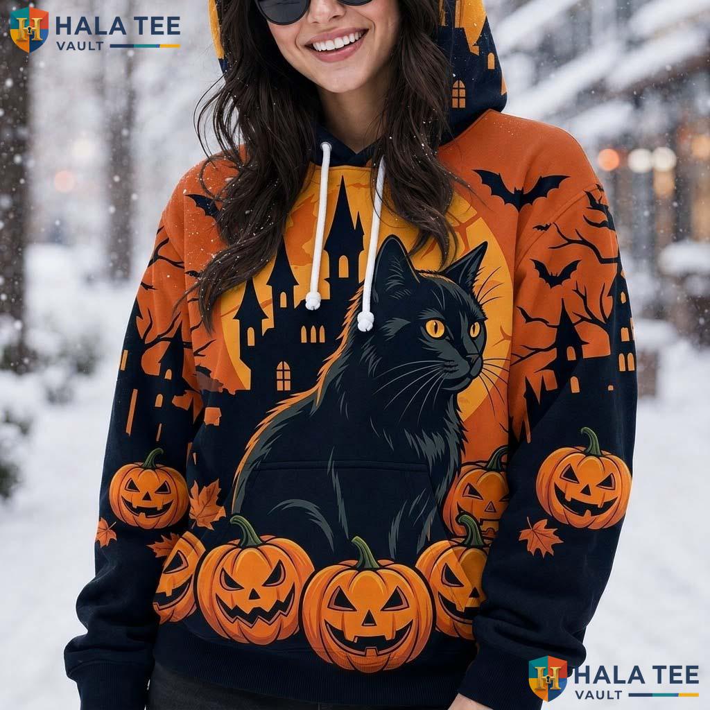 Vintage Castle Black Cat 3D Printed Hoodie Spooky Pumpkin Graphic Halloween Top