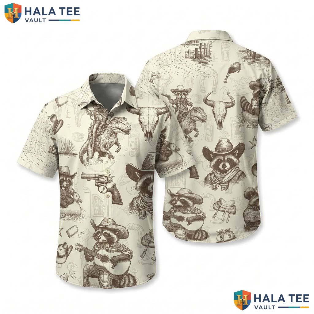 Vintage Cowboy Raccoon Hawaiian Shirt Funny Western Short Sleeve Button Down