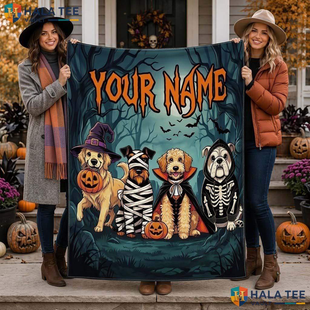 Vintage Dog Halloween Blanket Custom Name Cozy Kids Teen Spooky Throw