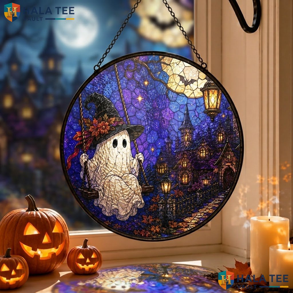 Vintage Ghost Swing Halloween Stained Glass Suncatcher Whimsical Gothic Accent Adult