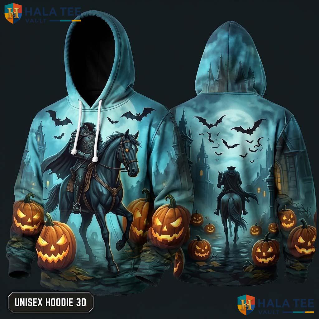 Vintage Horseman Pumpkin 3D Hoodie Spooky Rider Graphic Halloween Top