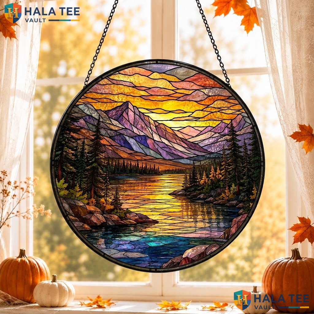 Vintage Mountain Halloween Stained Glass Suncatcher Gothic Landscape Wall Art Adult