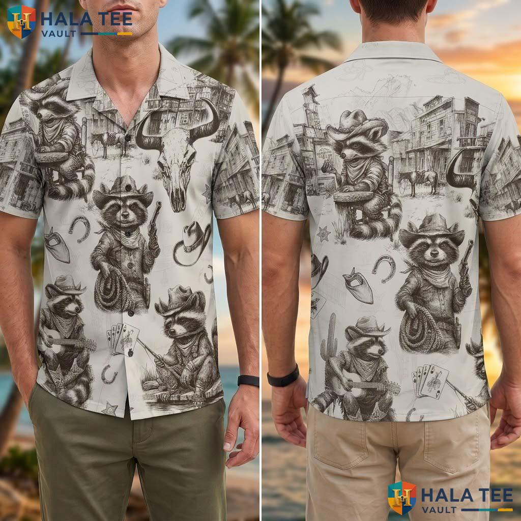 Vintage Raccoon Cowboy Hawaiian Shirt Funny Casual Button Down Summer Top Adult