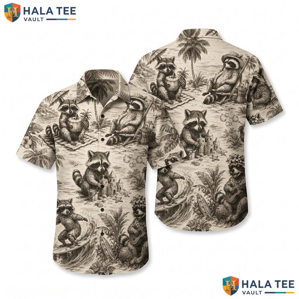 Vintage Raccoon Summer Hawaiian Shirt Funny Button Down Casual Top For Men
