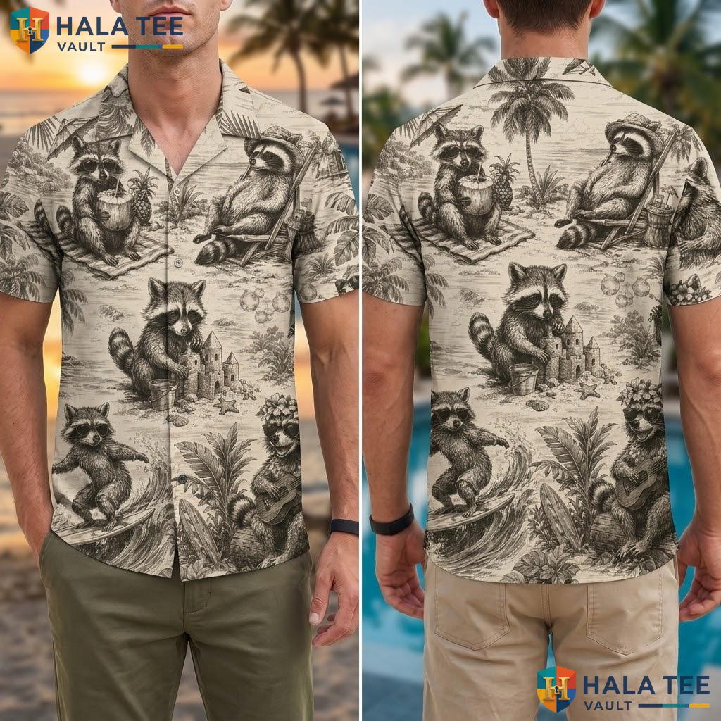 Vintage Raccoon Summer Hawaiian Shirt Funny Button Down Casual Top For Men Adult