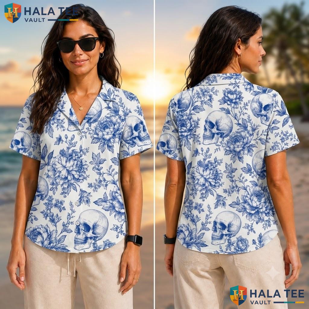 Vintage Skull Floral Aloha Shirt Tropical Surf Pattern Mens Button Down Adult