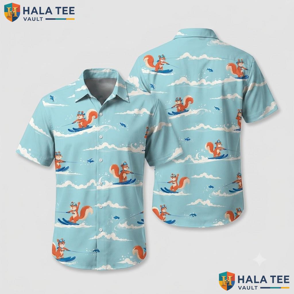 Vintage Squirrel Surfing Hawaiian Shirt Blue Tropical Beach Outing Top
