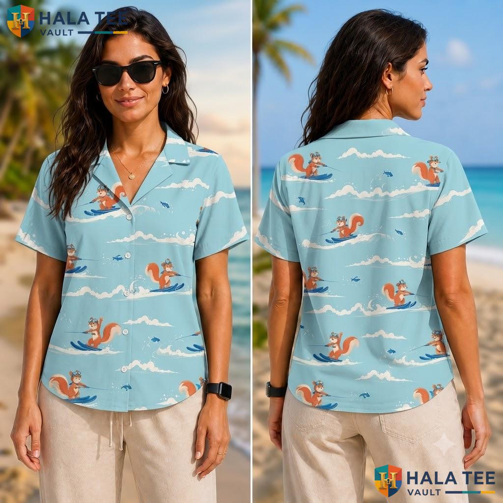 Vintage Squirrel Surfing Hawaiian Shirt Blue Tropical Beach Outing Top Adult