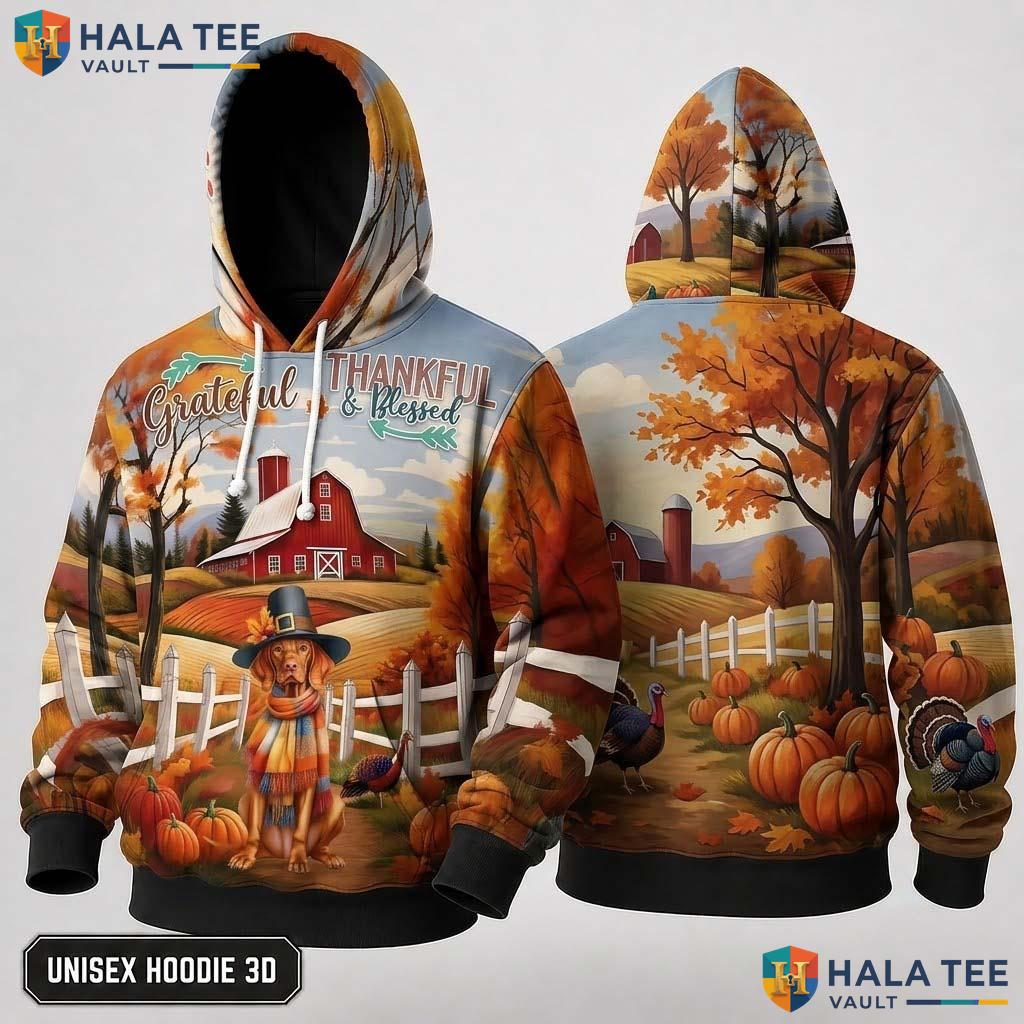 Vizsla Blessed Autumn Thanksgiving 3D Hoodie Grateful Thankful Fall